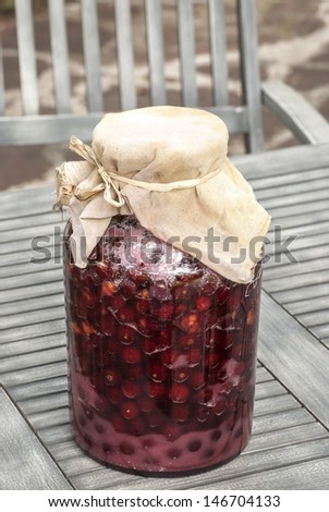 Large glass jar with sugar soaked sour cherries for making homemade liqueur