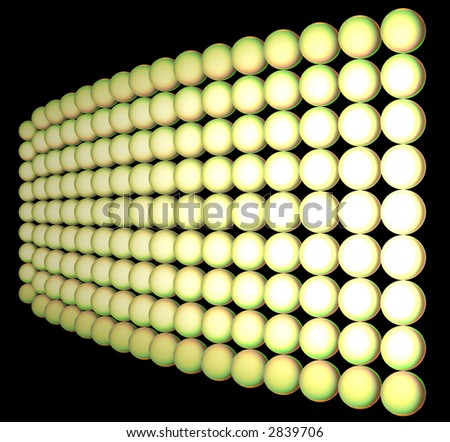 Set of spheres of yellow color are collected in a cloth. The cloth leaves in a distance. The matrix is illuminated is non-uniform. All figure is placed on a black background.