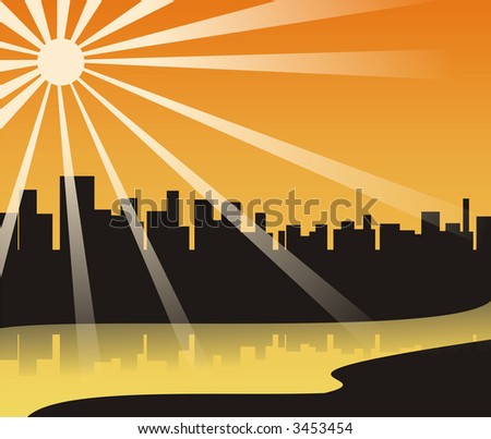 Illustration in the form of the city drawn by a black silhouette, on coast of the river. Houses are reflected in the river in a view of beams of the sun. Figure is located on an orange background