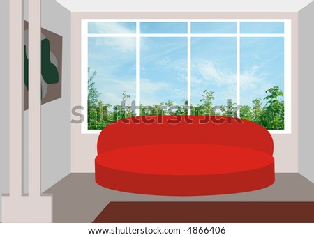 Figure of an interior of a room with grey walls, columns, a red sofa and a window. A kind behind a window on green bushes and the blue cloudy sky