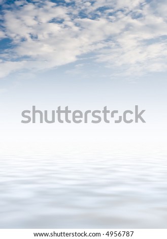 the blue sky with clouds and clean, quiet water of ocean. The line of horizon is lost in the distance on a white background. Photomontage.