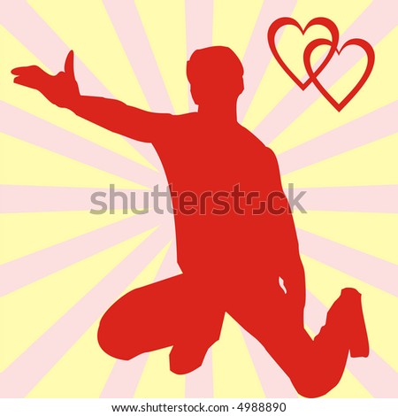 The red silhouette of the man, costing on a knee and offering to marry on a yellow background with pink strips. In a corner two hearts are drawn