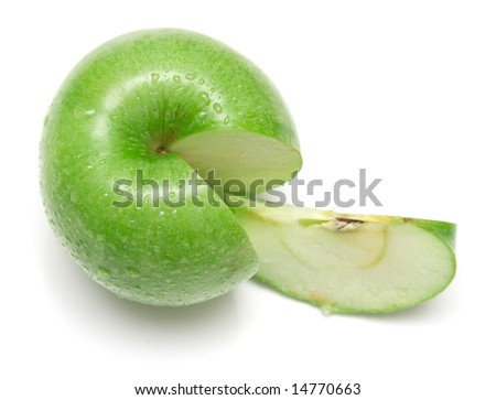 The ripe juicy green apple covered by drops of water. Isolation on white, shallow DOF.