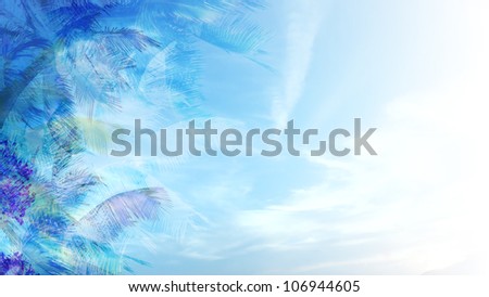 Blue tropical background with transparent palms silhouettes and foliage. Abstract tropical background