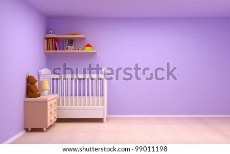 Baby\'s bedroom with commode and bear. Pastel colors, empty room