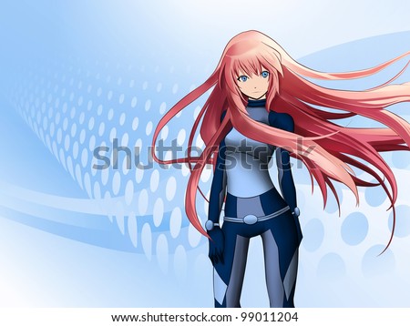 Futuristic anime girl on blue background