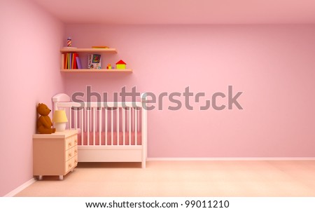 Baby\'s bedroom with commode and bear. Pastel colors, empty room