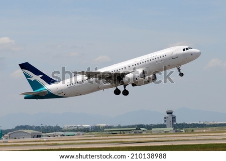 SEPANG, MALAYSIA - AUGUST 5: Silk Air plane Airbus A320-232, Registration name 9V-SLI, few second after take-off at KLIA airport on August 5, 2014 in KLIA, Sepang, Malaysia.