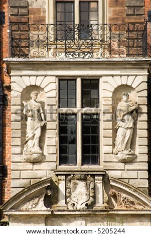 close up of statues, and balcony on an English mansion house