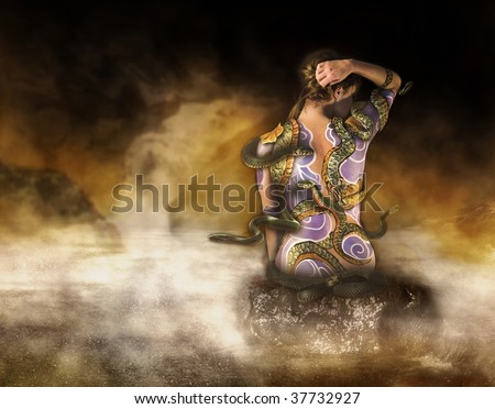girl yakuza with the revived tattoo of a snake from a clan sinoby sits on a stone at water from warm sources. fantasy
