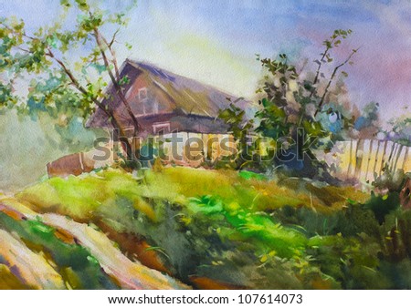 Rural landscape with a log house. Watercolor.