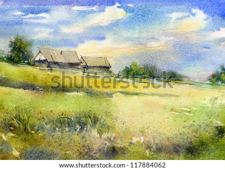 Rural landscape with a log houses Watercolor Rural landscape with a log houses Watercolor