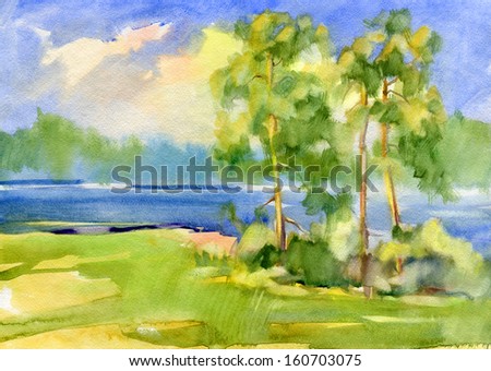 Landscape with a pond. Watercolor.