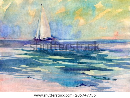 Seascape with sailboat. Watercolor.