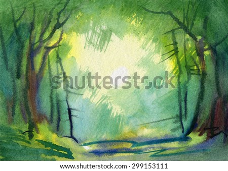 Green landscape. Clearance in the dark forest. Watercolor work.