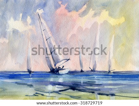 Seascape with sailboat. Watercolor.