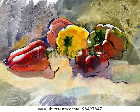 Still life with five peppers. Watercolor.