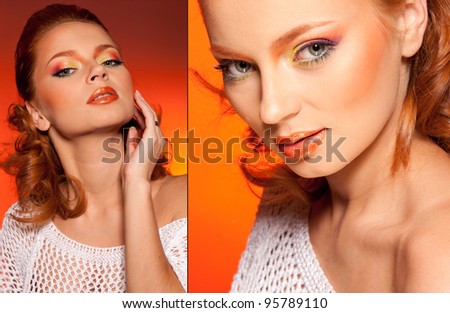 ?ollage of two photos of beautiful girl with orange hair on an orange background