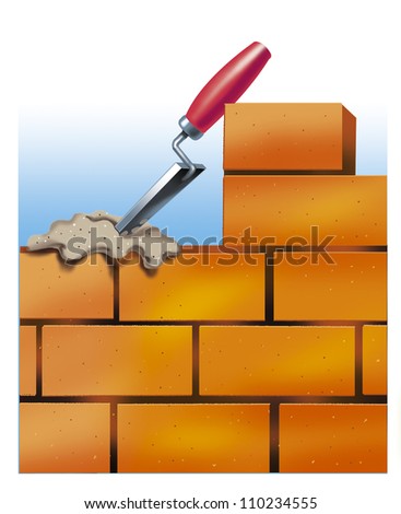 Bricklaying. Brick masonry with trowel and cement. The mortar of cement to put by trowel on the number of bricks.