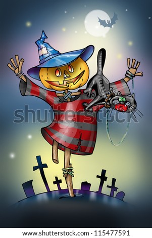Scarecrow with glowing eyes on Halloween night in the cemetery. The head of a pumpkin. Black cat sitting on the shoulder of the Scarecrow