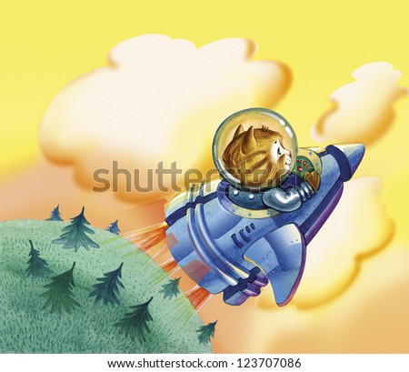 Flying Kitten. Foxy tabby cat flying on blue rocket from the fairy land in the yellow sky strait to space. He worn in transparent helmet, behind left green land with trees. The kitten is a story hero.