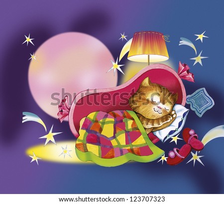 Kitten sleeps in crib. Red cat sleeps in the sausage. He nestled patchwork blanket. There are pillow, slippers, lampshade, dark-blue sky, falling stars and a full moon. this is story for children.