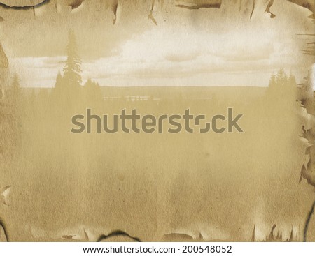 Old paper with landscape background. Page of the old book with woodland scenery and tattered edges yellowed sheet of paper, faded background.