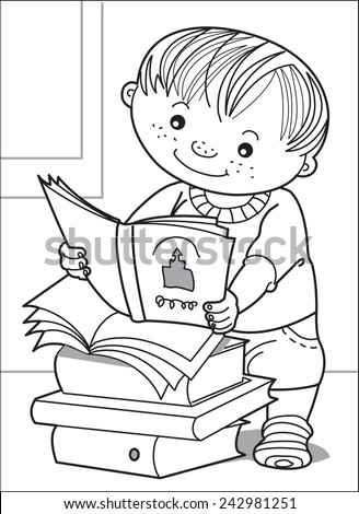 The kid reads. Little boy looks with interest the open book. Next to them are thick books. Coloring page