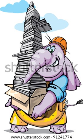 The fanny builder is the strong elephant in helmet and he carries a heavy  load. The load is so high that closes the clouds. - Stock Image - Everypixel