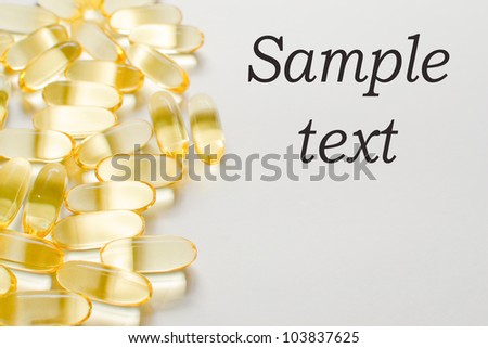 Omega 3 gel capsules on white background,  Capsules of fish oil gel