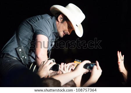 WHEATLAND, CA - JULY 23: Brad Paisley performs in The Escape Virtual Reality World Tour at Sleep Train Amphitheater in Wheatland, California on July 23, 2011