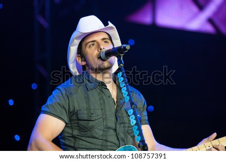 WHEATLAND, CA - JULY 23: Brad Paisley performs in The Escape Virtual Reality World Tour at Sleep Train Amphitheater in Wheatland, California on July 23, 2011