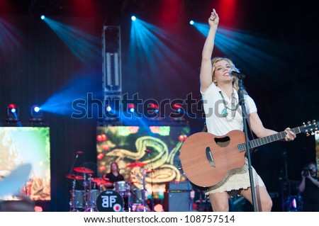 WHEATLAND, CA - JULY 26: Kimberly Perry of The Band Perry performs in part of Brad Paisley\'s Virtual Reality Tour 2012 at Sleep Train Amphitheatre on July 26, 2012 in Wheatland, California.