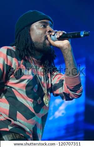 SACRAMENTO, CA - December 1: Wale Folarin performs in Rick Ross MMG Tour featuring Machine Gun Kelly and Meek Mill, at Sleep Train Arena in Sacramento, California on December 1, 2012.