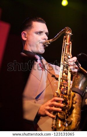 LINCOLN, CA - DEC 29: Karl Hunter with Big Bad Voodoo Daddy performs at Thunder Valley Casino Resort in Lincoln, California on December 28, 2012