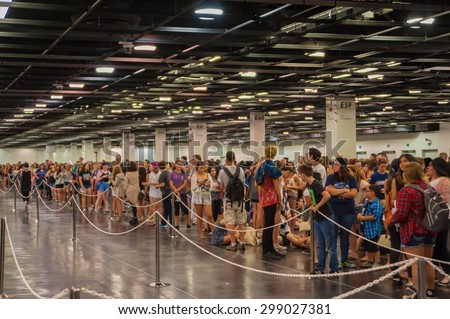 Anaheim, CA -  June 22: Fans line up for their pass to VidCon\'s 6th annual conference where YouTube creators and fans attend at the Anaheim Convention Center in Anaheim, California on June 22, 2015