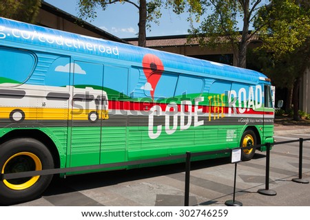 MOUNTAIN VIEW, CA - AUGUST 1, 2015: Google's Code the Road bus parked at Google headquarters in Mountain View, California on August 1 2015