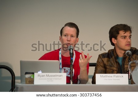 Anaheim, CA - June 23: Ryan Musselman (L) and Matthew Patrick discuss What Makes a Good Gaming Channel at VidCon 2015 at the Anaheim Convention Center in Anaheim, California on June 23, 2015