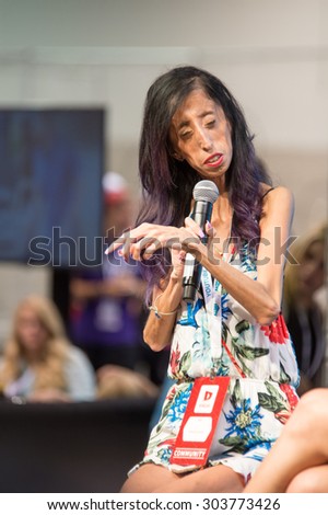 Anaheim, CA - June 23: Motivational speaker Lizzie Velasquez speaks at VidCon 2015 at the Anaheim Convention Center in Anaheim, California on June 23, 2015
