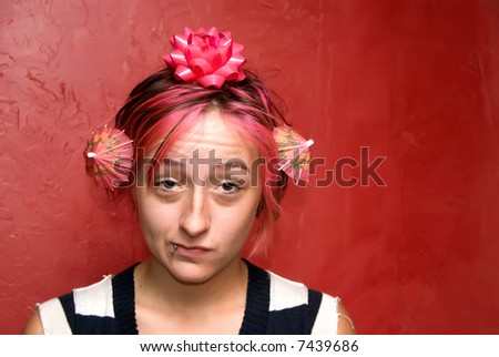 Young girl having a bad hair day.