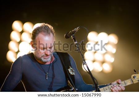 Sacramento, CA - July 17,2008: Singer Sting performs on-stage at the Sleep Train Amphitheater in Marysville, CA with The Police in their North American Reunion Tour