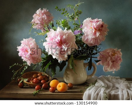 Still Life With Pink Peonies And Apricots