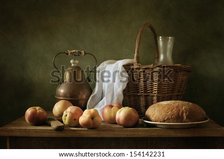 Classical still life wth apples and bread