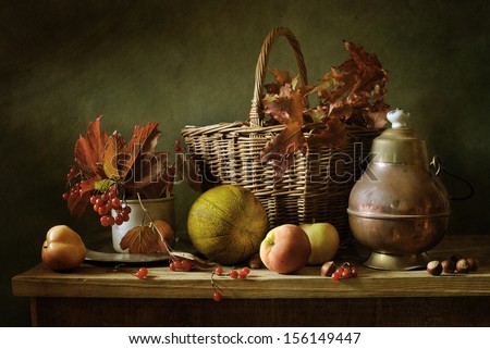 Autumn still life with red leaves