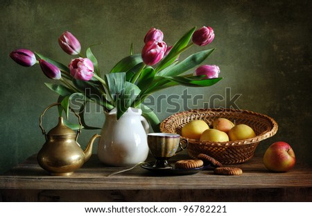 Still life with tulips and apples