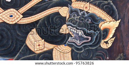masterpiece of traditional Thai style painting art old about Ramayana story on temple wall at Watphrakaew, Bangkok,Thailand