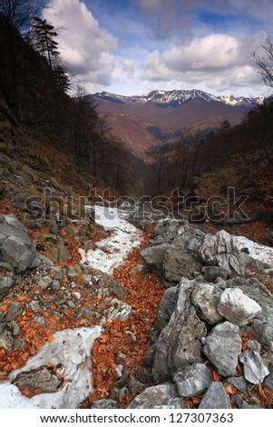 Early spring time in the mountain area, with signs of the past winter still visible, Romania