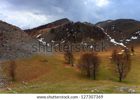 Early spring time in the mountain area, with signs of the past winter still visible, Romania