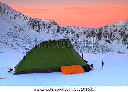 Camping on the snow, early morning, Retezat mountains, Romania