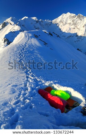 Camping on the snow, early morning in the mountains, Romania